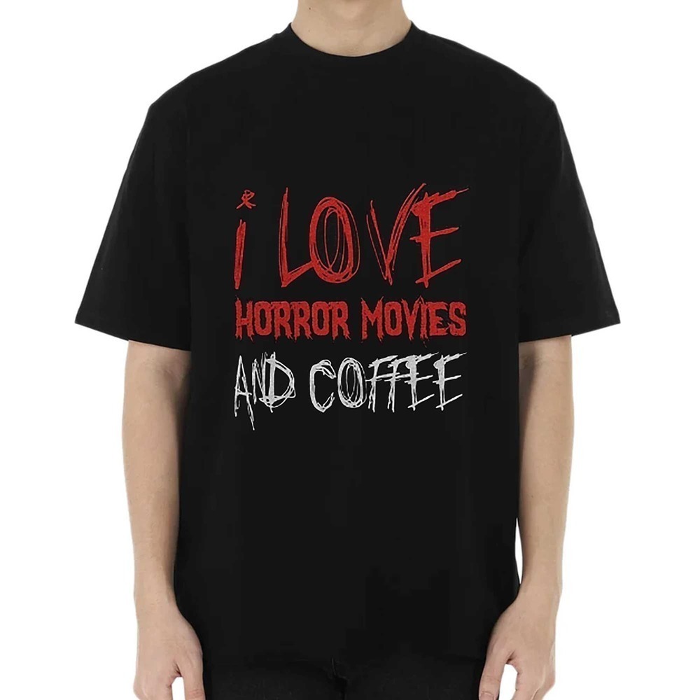 I Love Horror Movies And Coffee Funny Halloween Graphic Fan T-Shirt